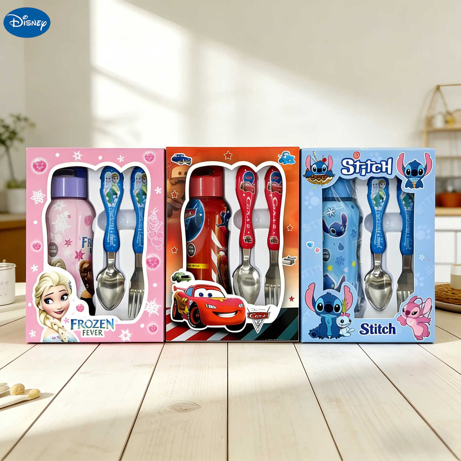 Disney Cars Lightning McQueen Stitch Frozen Cartoon 3Pcs Tableware Set Fork Spoon Water Bottle Childrens Christmas Gift H251215