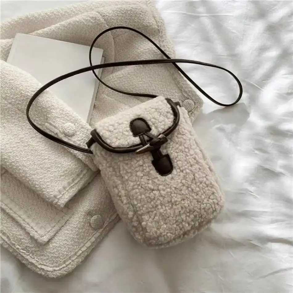 1 Pcs Womens Retro Lamb Fleece Bag Color Blocking Minimalist Mobile Phone Bag Single Shoulder Crossbody Small BagT251215