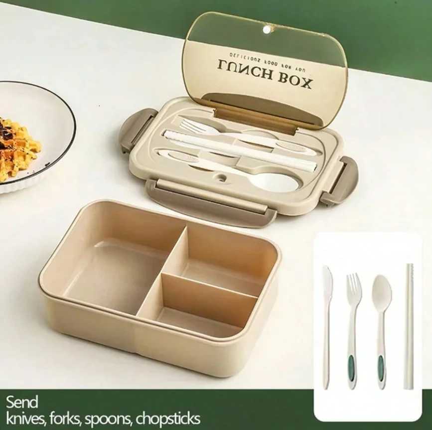 Set bento box for adts 3 cpartments can be placed in microwave and dishwasher with knife fork spoon and chopsticks H251213