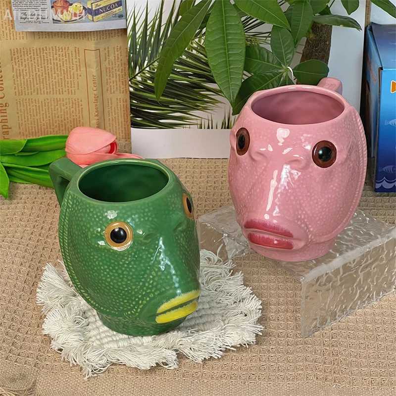 Funny Cup Ugly Green Fish Ceramics Coffee Cup Large Capacity Creative Off Childrens Water Cup gs H251215