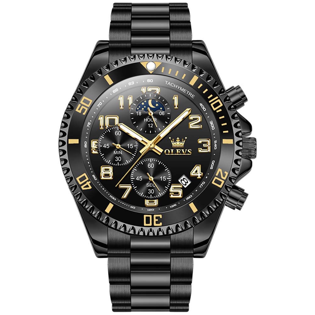 OLEVS True three pin multifunctional moon phase watch for men 30M Waterproof 43MM Hands Numbers EasyRead Date
