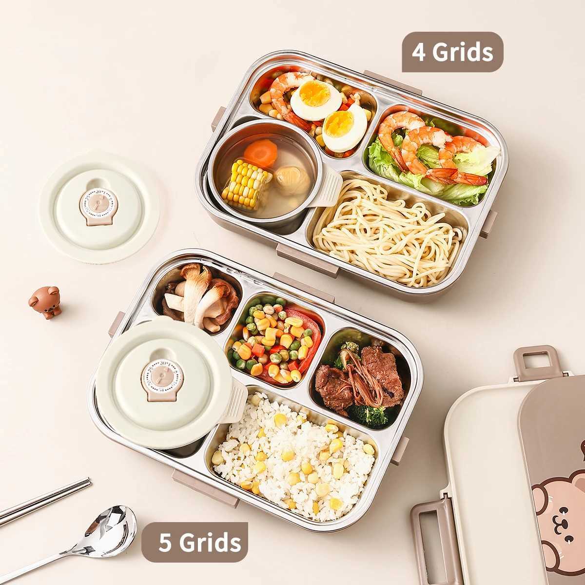 WORTHBUY 4 Grids 304 Stainless Steel Lunch Box With CutleryBowl Portable Food Contianer for Hot and Cold Food For Student Kid H251213