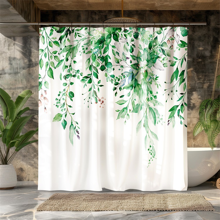 YL-37966 Watercolor Floral Leaf Print Shower Curtain, No-Drill Toilet Polyester Partition, Waterproof Bathroom Decoration