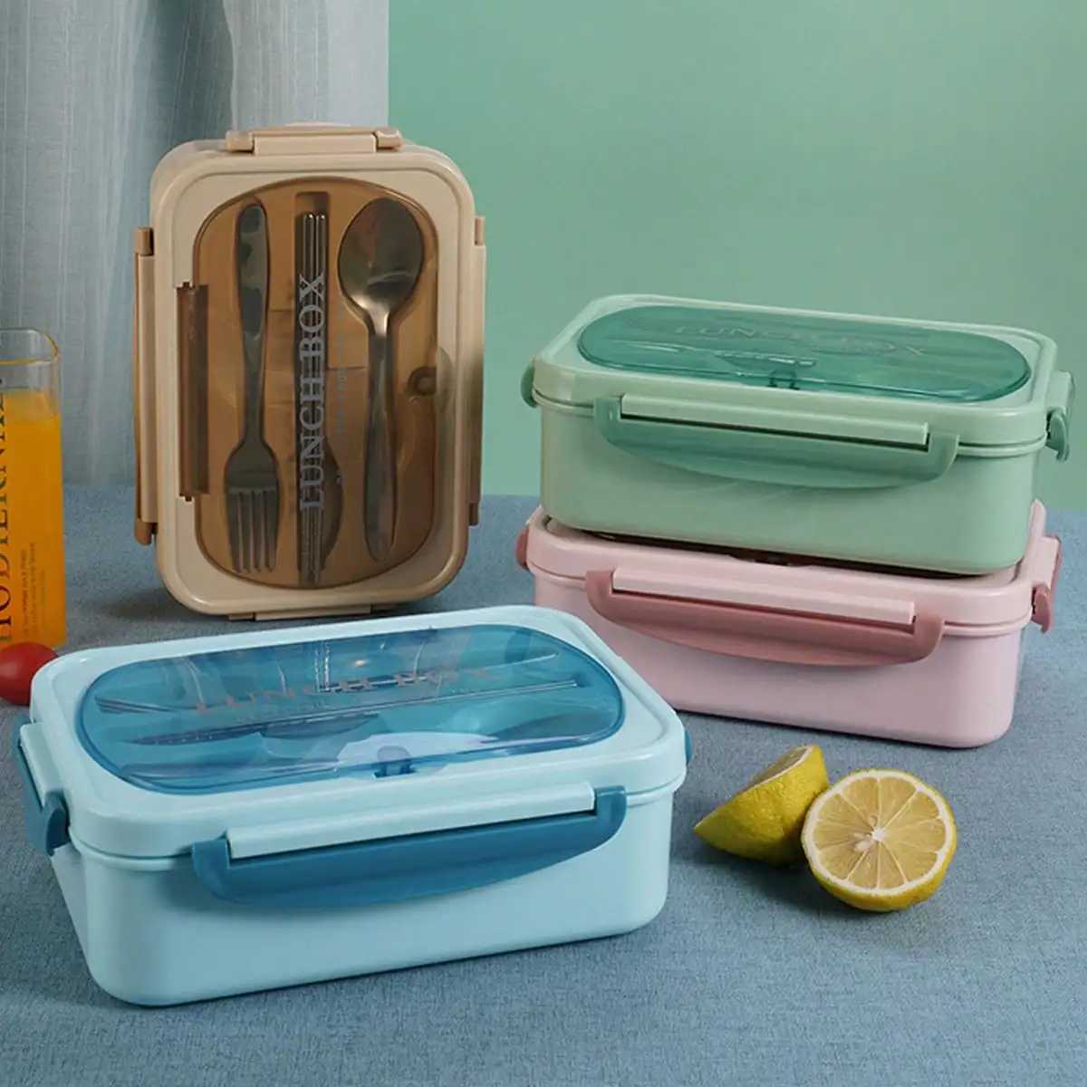 1pc Food Box PP Divided Bento Box Ces With Fork And Spoon Microwave Oven Suitable For Students And Off Workers H251213