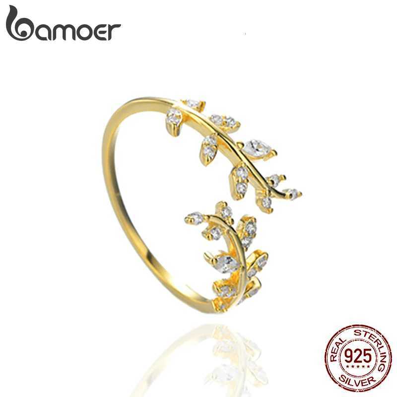 BAMOER 925 Sterling Silver Open Ring Plated 14 Gold Zircon Adjustable Ring for Women M251215