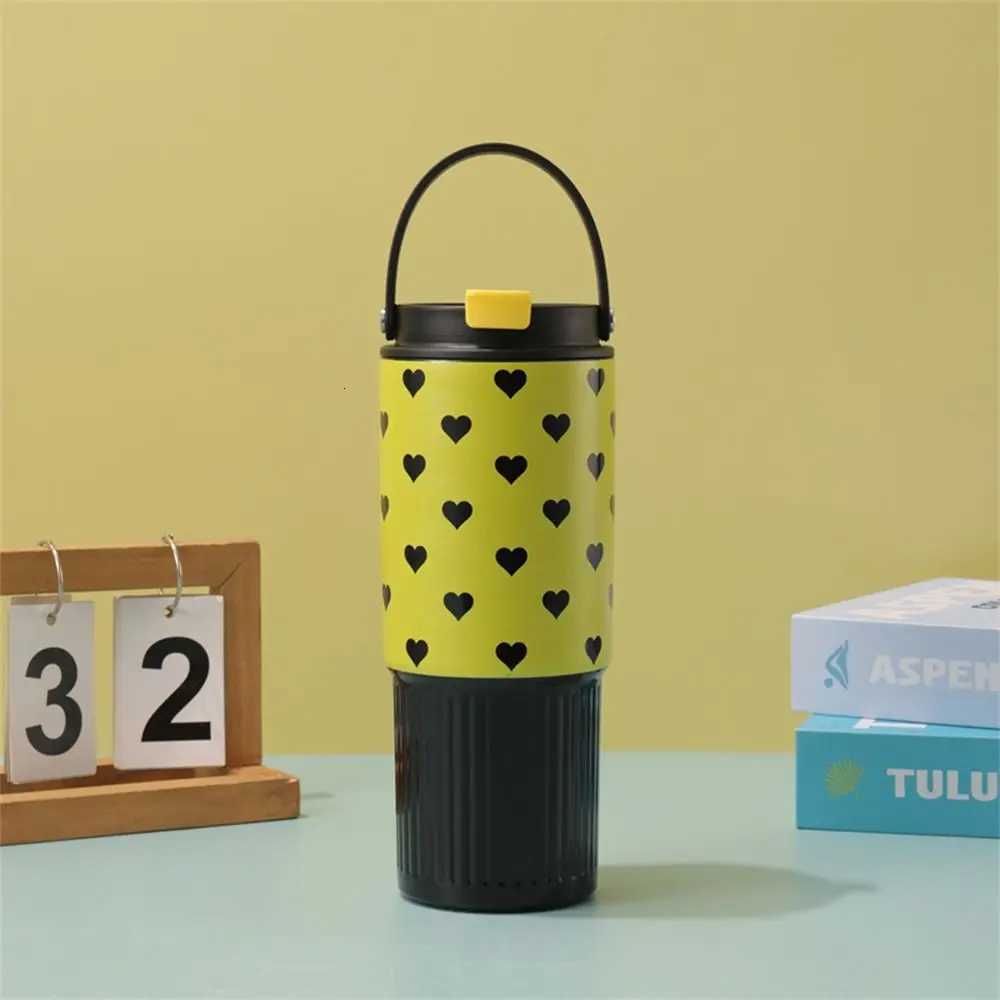 800ML Stainless Steel King Cup With Handheld Insulation Or Cooling Vacuum Straw Cups Bow Love Grid Print Insulated Cup H251215