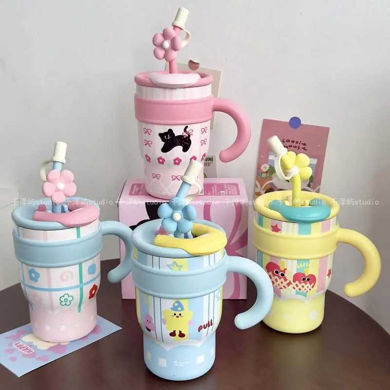 1Pieces 700/1200ml Stainless Steel Thermos Bottle Cute Ins Cat Straw Cup Large Capacity Water Bottle Car Outdoor Tableware H251215