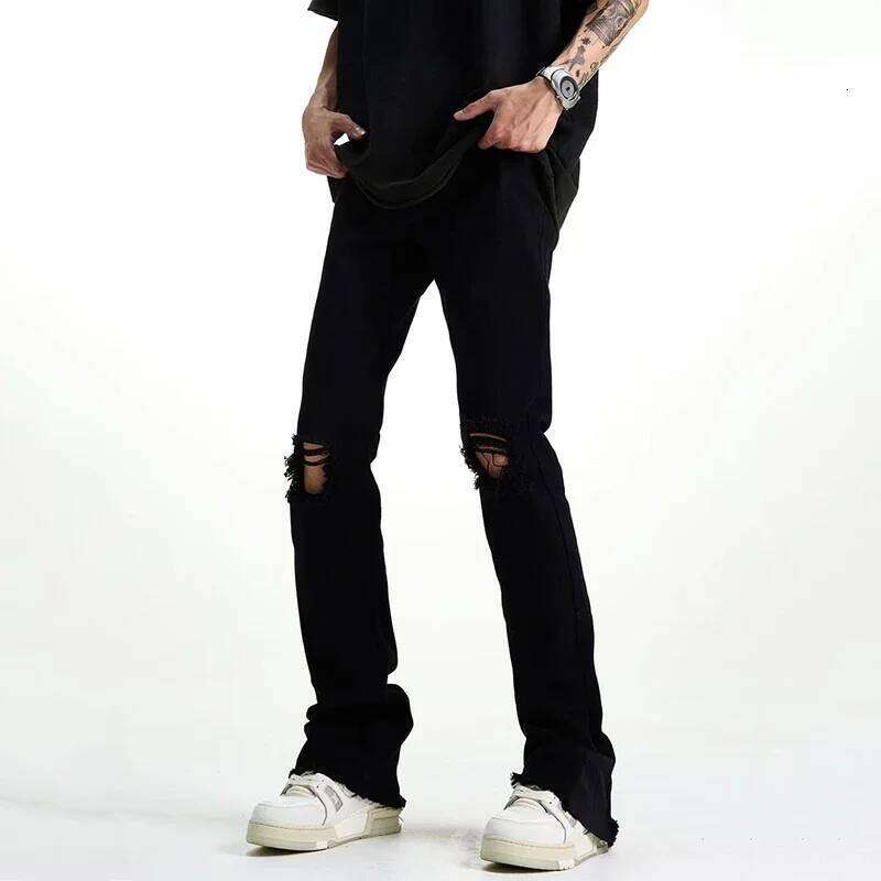 Men Fashion Cool Style High Street Goth Jeans Male Daily Straight Ripped Pants Skinny Casual Bell Bottom Denim Trousers C251215