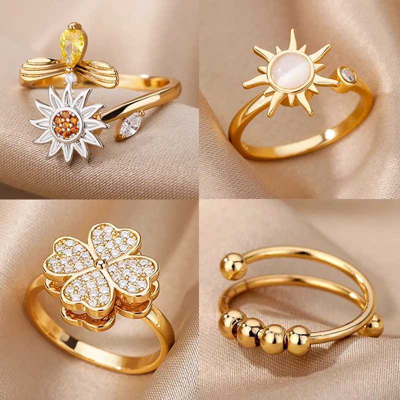 Anti-Stress Anxiety Rings for Women Gold Color Open Adjustable Rotating Ring Aesthetic Wedding Fashion Jewelry Gift M251215