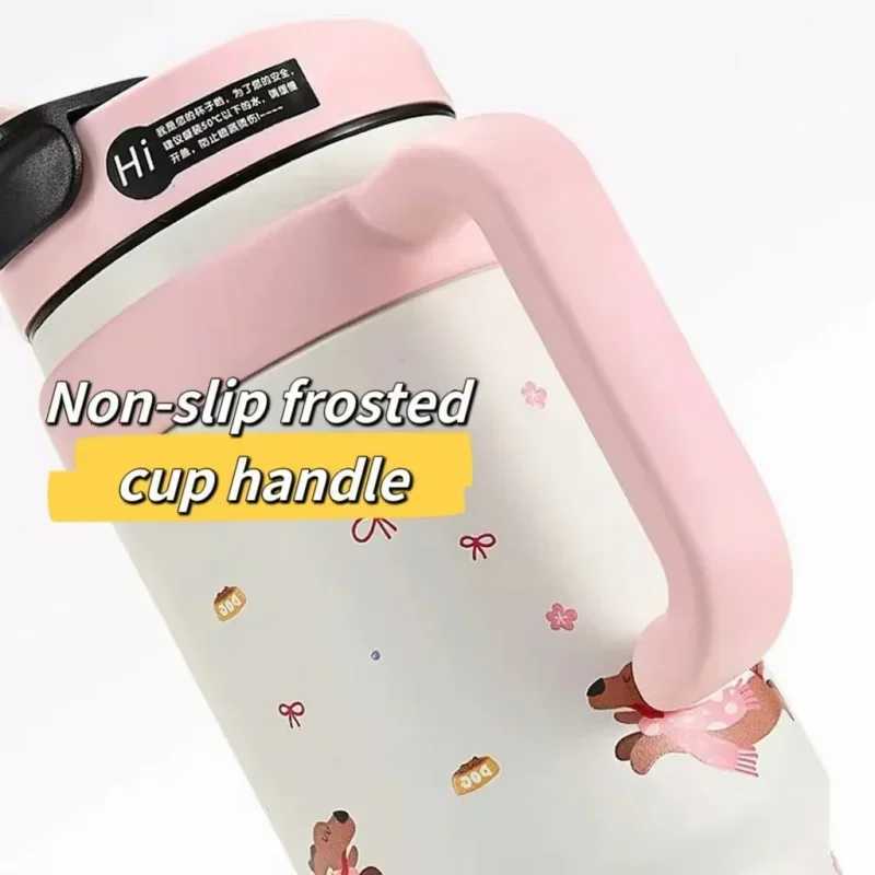 1000ML cute cartoon thermos cup 316 stainless steel ice cup non-slip frosted handle straw Super large capacity thermos cup H251215