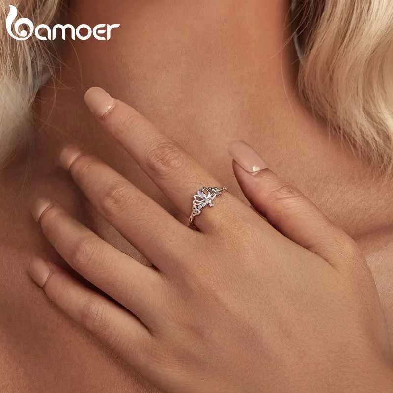 Bamoer Lotus Ring 925 Sterling Silver Elegant Flower Purple Zircon Women Unique Natural Plant Design M251215