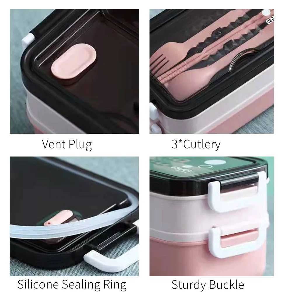1pc 1400ml Double-layer Lunch Box Portable Cpartment Food Box Microwave Lunch Box With Fork Chopsticks And Spoon Picnic Fresh H251213