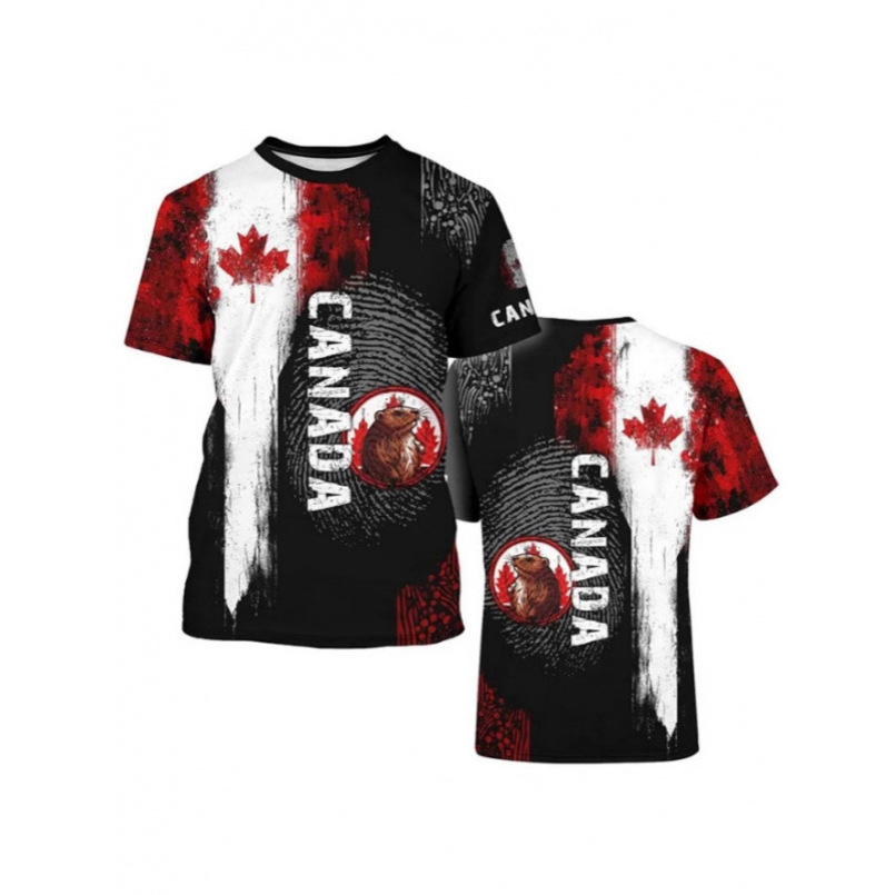 New Canada Men's Harajuku Street Fashion T-Shirt 3D Printed Maple Leaf Deer Pattern Trendy Short Sleeve