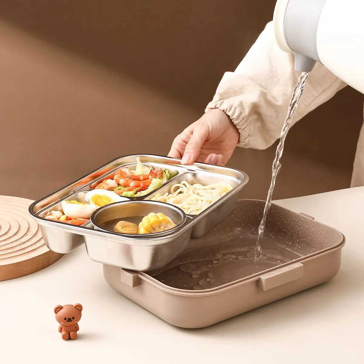 WORTHBUY 4 Grids 304 Stainless Steel Lunch Box With CutleryBowl Portable Food Contianer for Hot and Cold Food For Student Kid H251213