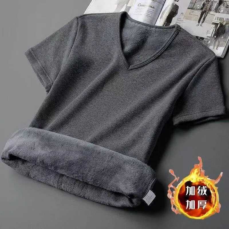 Winter Mens Velvet Short Sleeve T-shirt Base Shirt O-neck V-neck Man Warm Underwear Half Sleeve Top Thermal Short Sleeve Bottom G251215