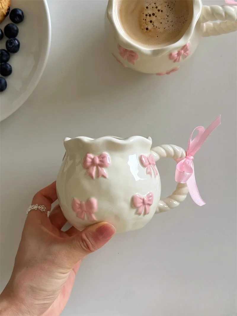 Cute Bow Thicke Ceramic Cup Hand Bow Irregar g Cups Coffee Milk Drinks Cup H251215