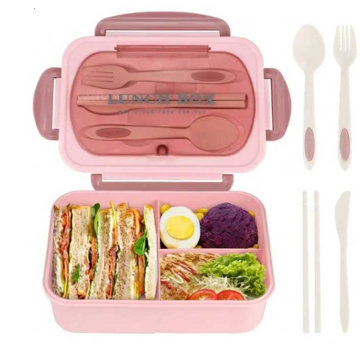 Set bento box for adts 3 cpartments can be placed in microwave and dishwasher with knife fork spoon and chopsticks H251213