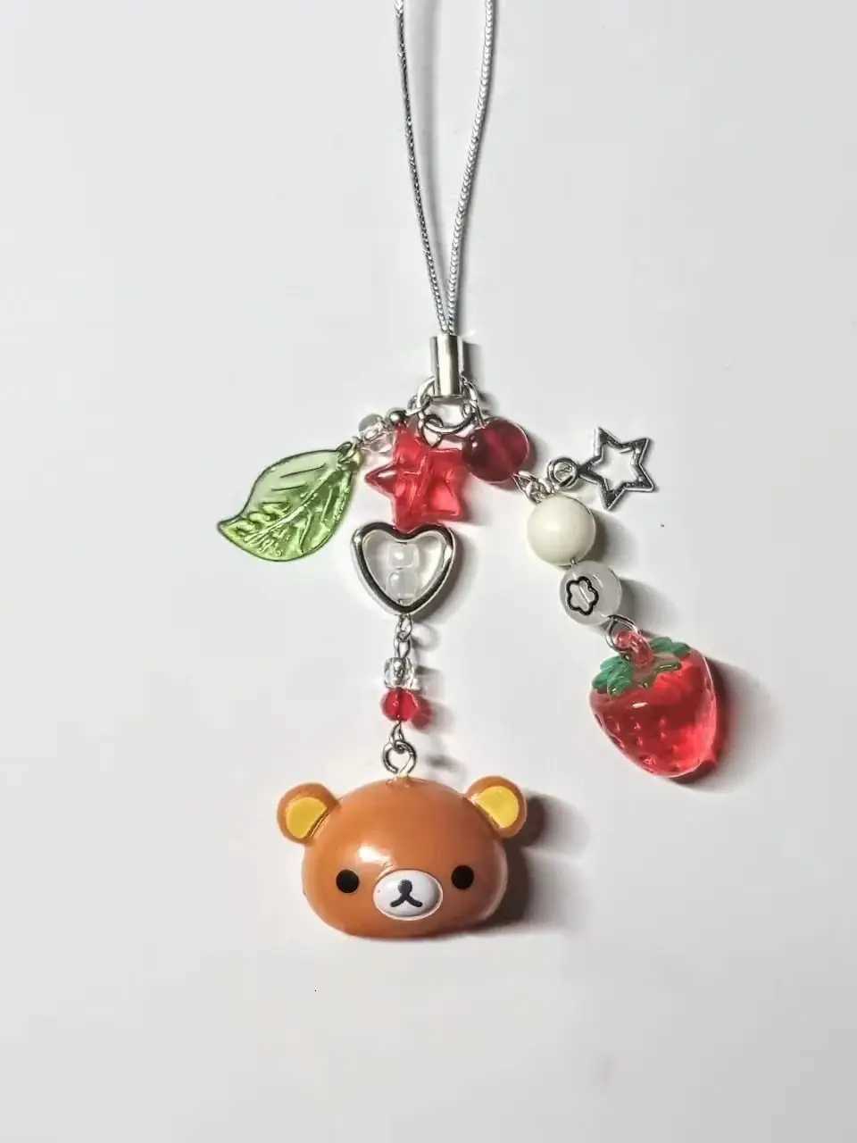 Kawaii Rilakkuma Bear Bell Keychain Y2K Handmade Phone Charm with Strawberry Star Beaded Pendant Matching Trendy Accessory M251215