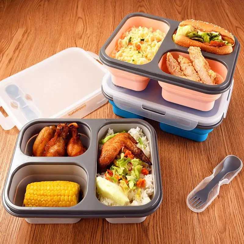 Silicone Bento Lunch Box 3 Cpartment Foldable Lunch Food Container With Spoon Safe In Microwave Dishwasher zer H251213