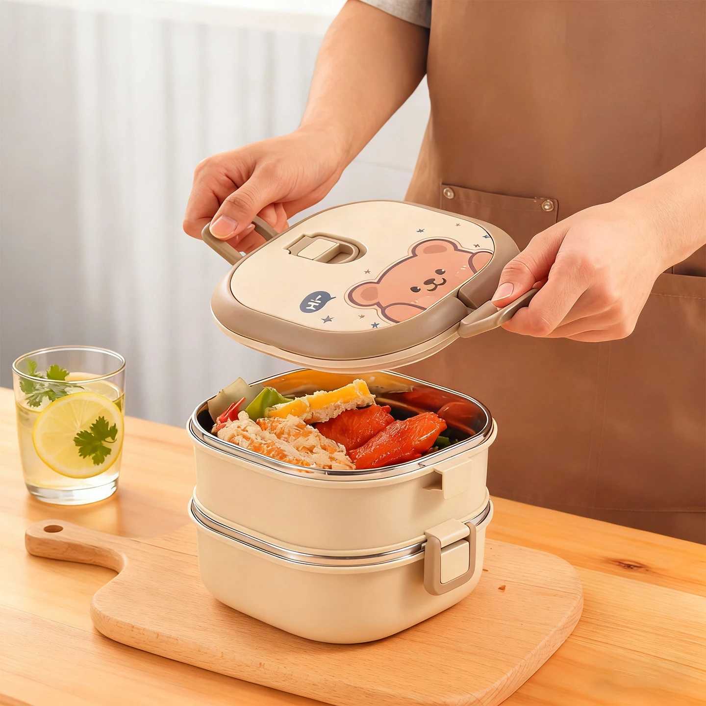 WORHTBUY Cute Square Insated Food Container With Spoon Portable Large Capacity Stackable 304 Stainless Steel Lunch Box For Kid H251213