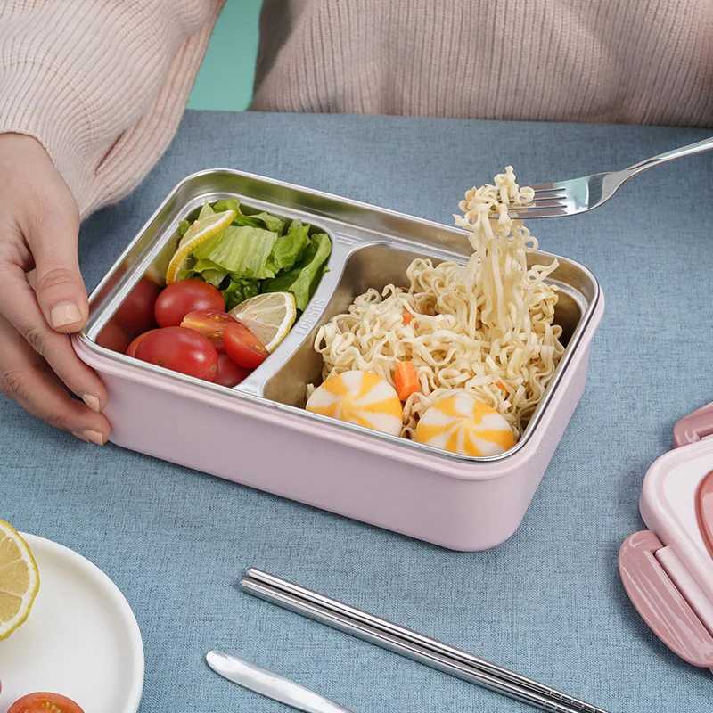 Portable Lunch Box Stainless Steel Bento Box Microwave Lunch box with Fork and Spoon Tableware Picnic Food Containers Dinnerware H251213