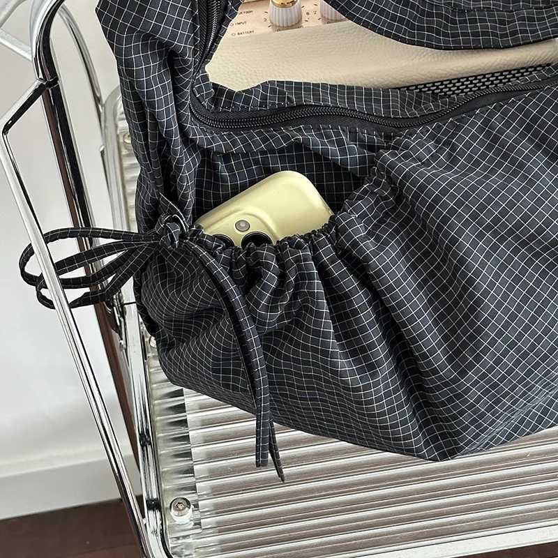Retro Plaid Hobos Shoulder Bags for Women Drawstring Pocket Nylon Dumpling Bag Large Capacity Portable Travel Messenger BagT251215