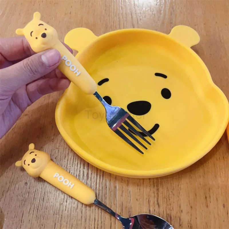 Disney Winnie the Pooh silicone dinner plate with fork and spoon set childrens tableware suction cup anti-fall tableware tray H251215