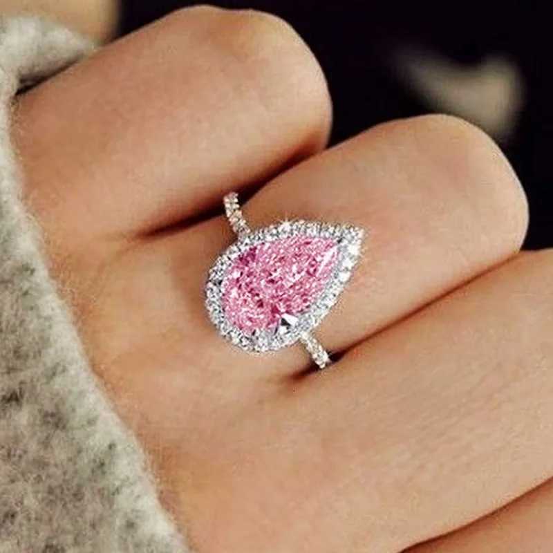 Huitan Pink/Crystal Waterdrop Cubic Zircon Rings for Women Classic Design Eternity Wedding Engagement Rings Silver Color Jewelry M251215