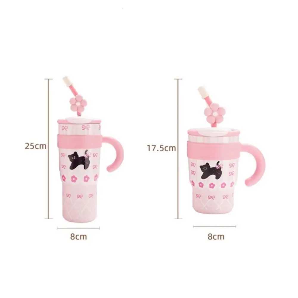 Fashion 700ML/1200ML Insulated Cup Cartoon Stainless Steel Drinking Straw Cup with Handle Large Capacity Car Coffee Mug H251215