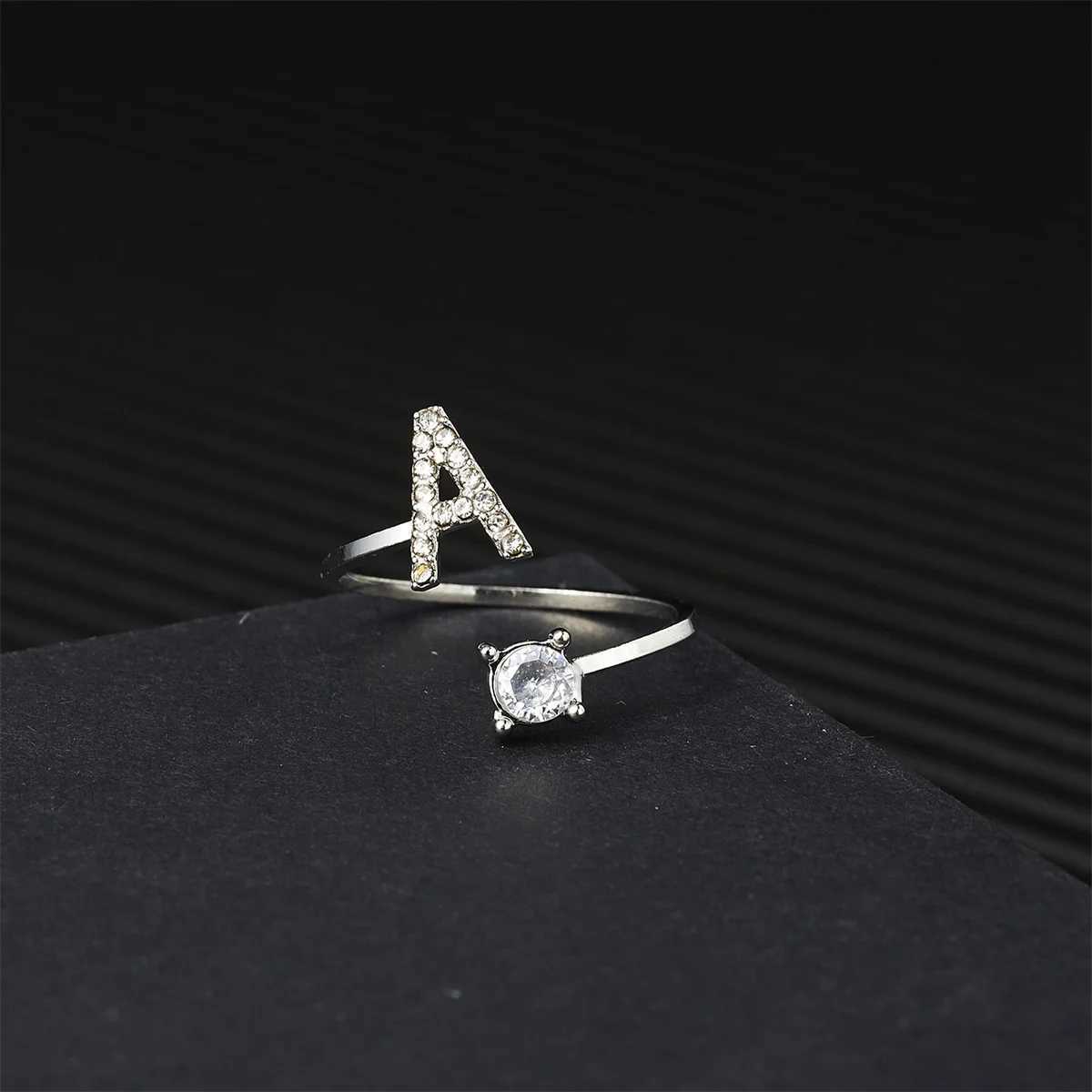 Silver Color Zircon Initial A-Z Letter Rings For Women 26 English Alphabet Adjustable Opening Ring Name Female Wedding Jewelry M251215
