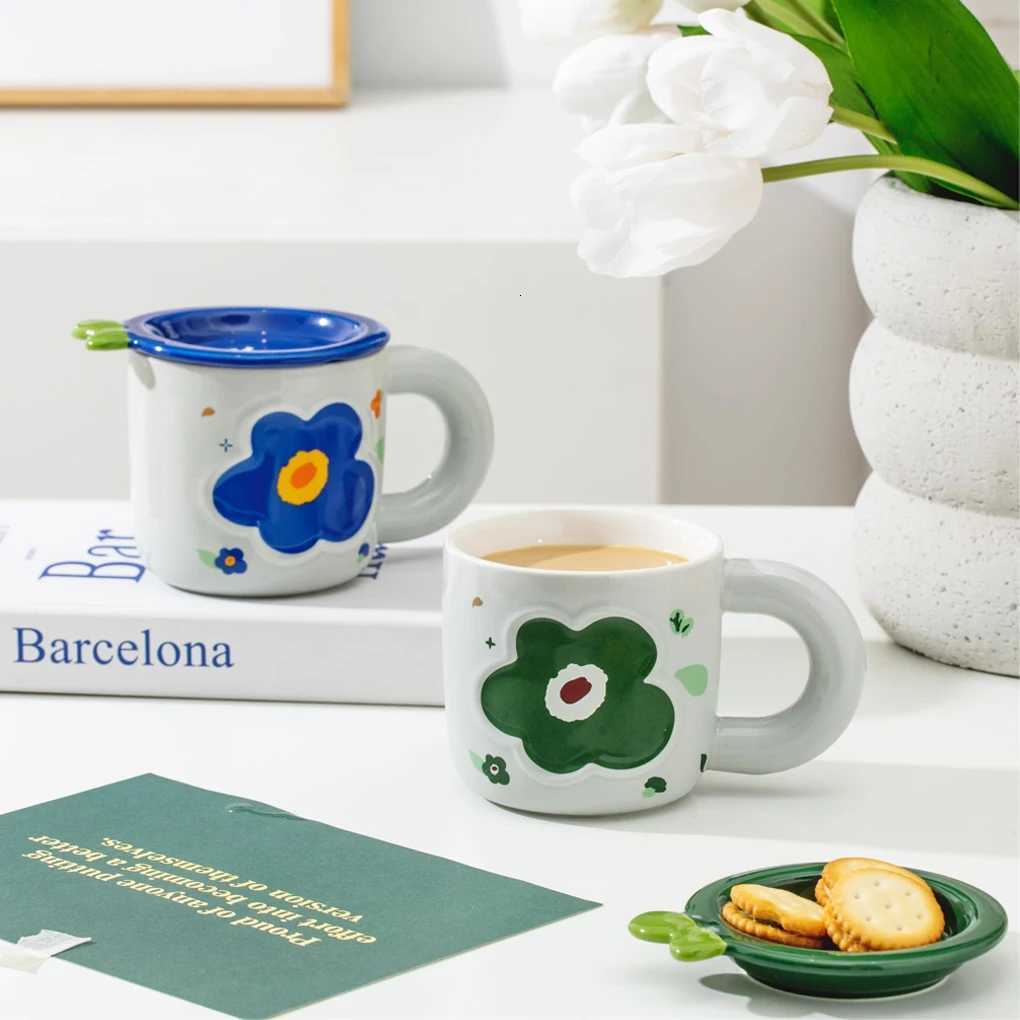 g Ceramic Lid Coffee gs Flower Pattern Breakfast Cup Handle Restaurant Kitchen Off Teacups Drinking Supplies Red H251215