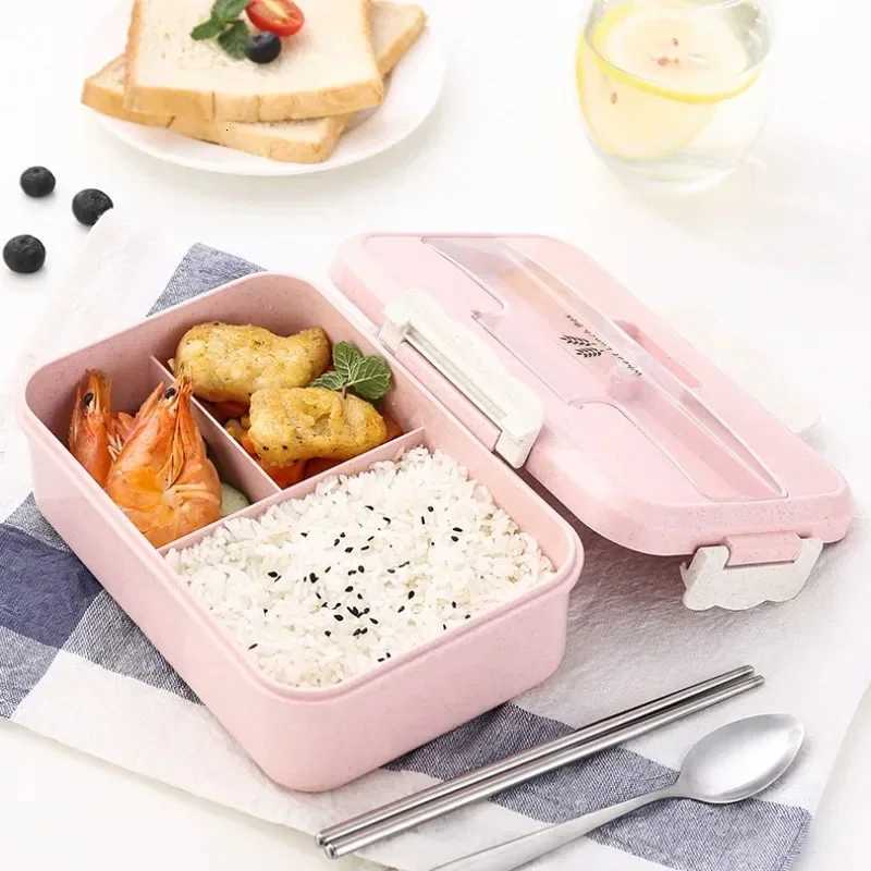 Microwave Lunch Box Wheat Straw Dinnerware Food Storage Container Bento Box with Spoons Chopsticks Children Kids School Off H251213