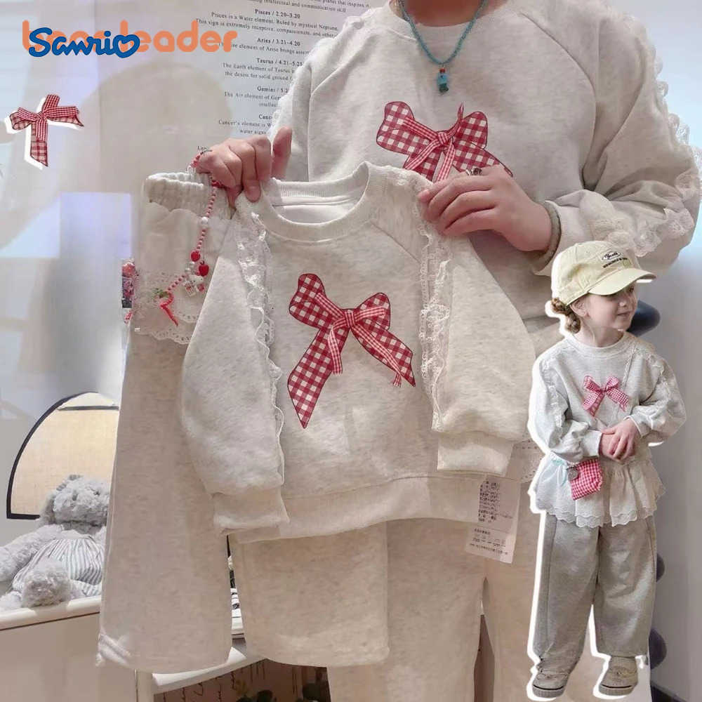 Sanrio Bear Leader Autumn Gray Long Sleeved Girls Clothing Korean Version Plain Lace Bow Decoration Top Pants Casual Two-piece Set H251216