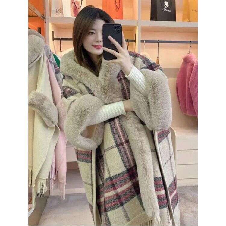 Hooded Shawl Coat For Women, Faux Rabbit Fur Capes Coats Women Plaid Poncho Jackets Tassel Hooded Batwing Sleeves Open Stitch Loose Casual 2025 Autumn - view 5