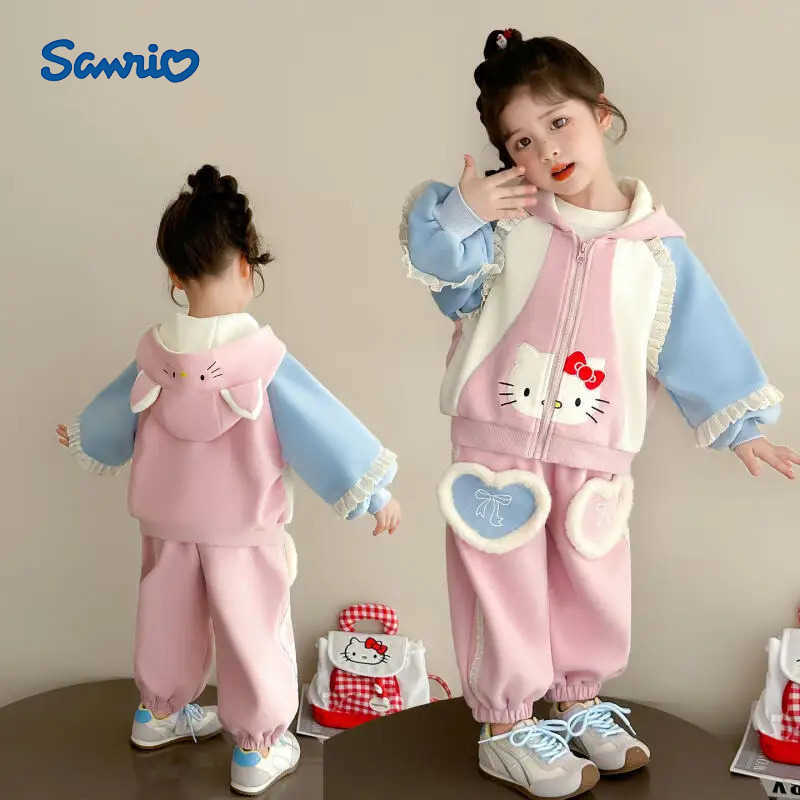 Sanrio Anime Hello Kitty Girls Lace Hoodie and Pants Set Spring Fall Style Casual Cardigan Fall Clothes Two Piece Set of Sportswear H251216