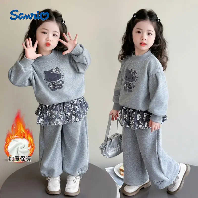 Sanrio Hellokitty Kid Plush Hoodie Set Cartoon Thickened Cotton-Padded Clothes Suit Anime Coat Sweatpants 2Pcs Cute Girl Gift H251216