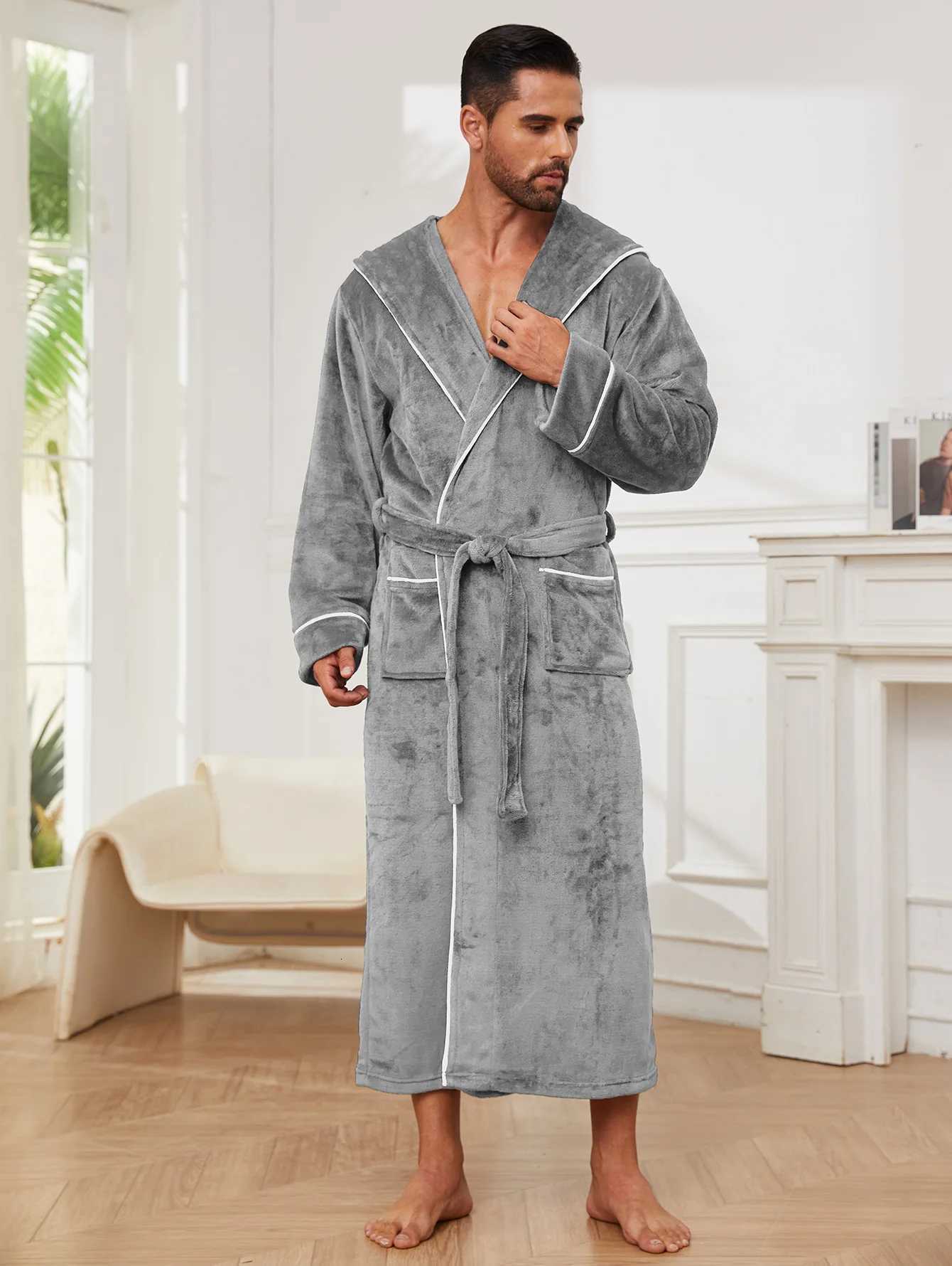American-Style Flannel Couples Dressing Gowns Mens Bathrobe Nightwear Womens Coral Fleece Thickened Mid-Length Nightgown C251216