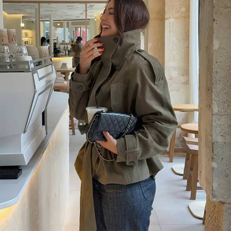 Elegant Loose Trench Coat Casual Chic Stand-up collar Long Sleeve With Belt Coats 2025 New Lady Autumn Winter StreetwearT251216