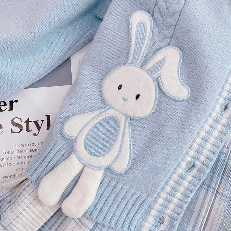 Sanrio Girls Jk Uniform Cartoon Rabbit Plaid Skirt Cardigan Sweater Kid Clothing Spring Autumn Kawaii Shirt Pleated Skirt 3Pcs H251216