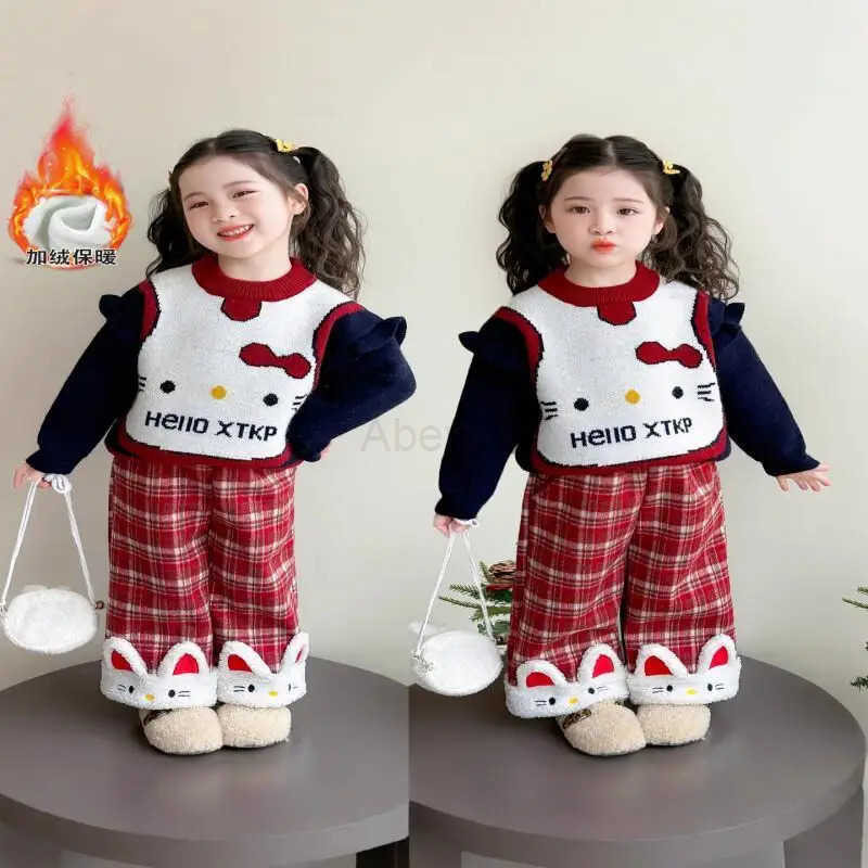 Sanrio Hello Kitty Loungewear set Girls Kawaii Y2k Anime Childrens Clothing Coat autumn and winter Clothes 2-piece set Kids H251216