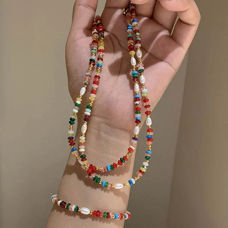 Fashion Colorful Beads Stone Natural Freshwater Pearl Necklaces For Women Retro Gold Color Clavicle Chain Necklace Jewelry Gifts 251212