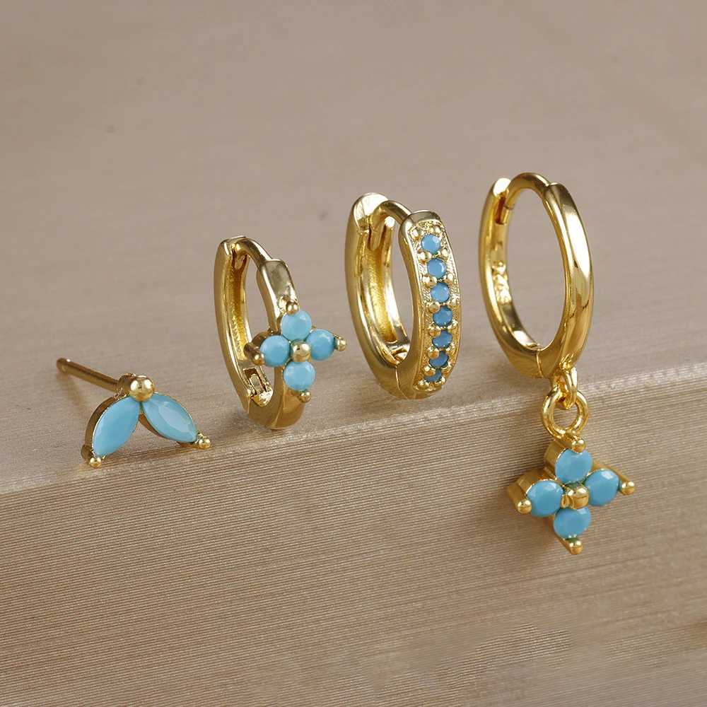 4pcs Fashion Cubic Zirconia Flower Hoop Earrings Set 18K Gold Plated Stainless Steel Stud Earring Piercing Jewelry aretes mujer G251216
