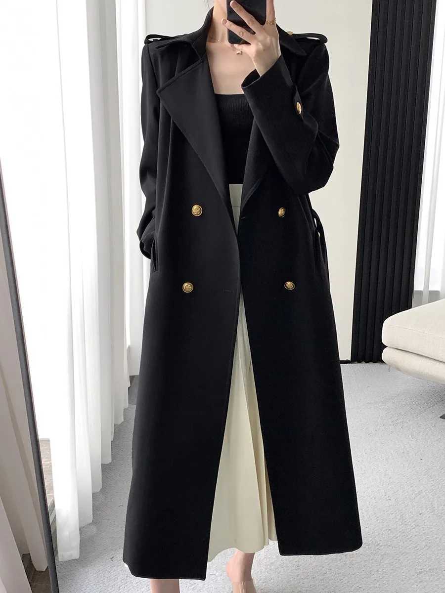 Lautaro Spring Autumn Long Black Trench Coat for Women Gold Buttons Double Breasted Elegant Chic Luxury Designer Clothes 2025T251216