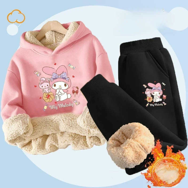 Sanrio Kuromi Plush Warm Childrens Clothing Set for Girls Thicken Fleece Lined Sweatshirt Pants 2 Pcs Suit Winter Tracksuit H251216