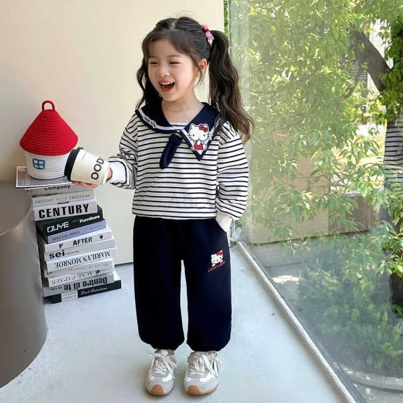 Sanrio Baby Girl Clothes Set Autumn Kid Hello Kitty Sweatshirts Pullover Striped TopPants 2pcs Suit Children Tracksuits Sweet Outfits H251216
