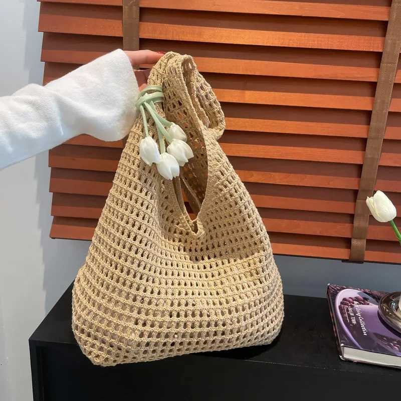 Trendy Sweet Crochet Shoulder Bag with Tulip Pendant Leisure Beach Hollow Handbag Women Vacation Casual Woven Totes M251216
