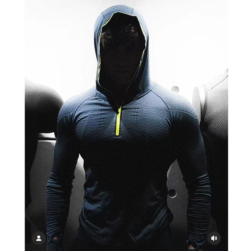 Mens Quick Dry Breathable Slim Fit Elastic Hooded Zipper Long Sleeve Fitness TShirt for Gym Sports Casual 251216