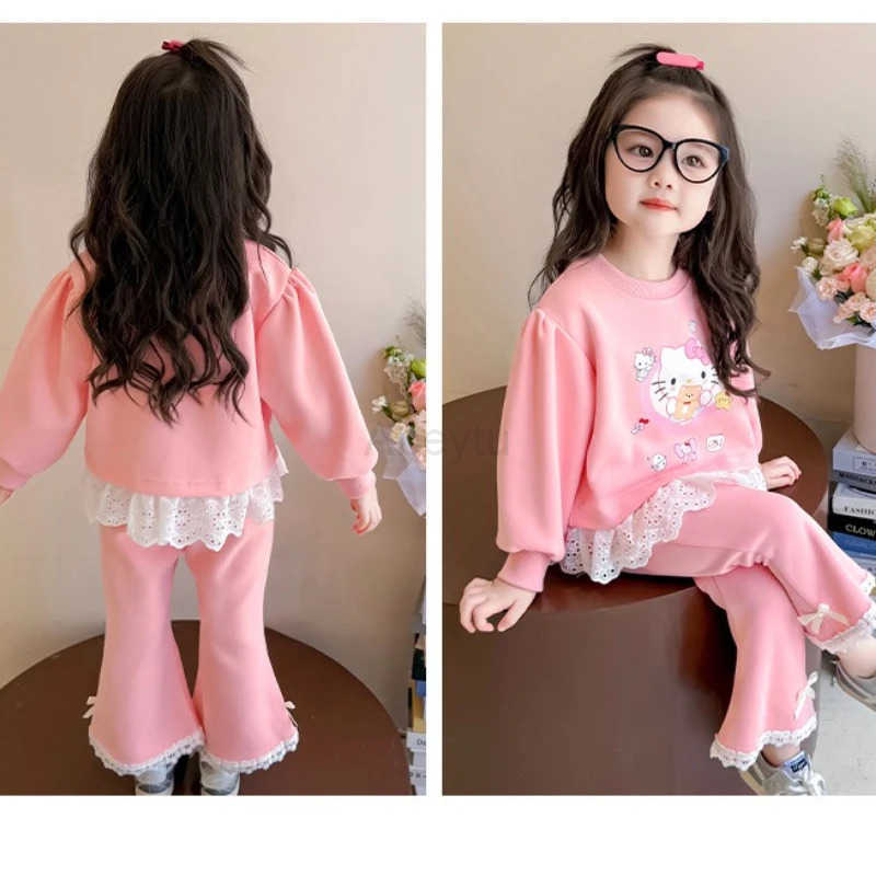 Sanrio Autumn Baby Girl Clothes Set Kid Hello Kitty Printed Sweatshirts Pullover TopPants 2pcs Suit Children Sweet Tracksuits Outfits H251216