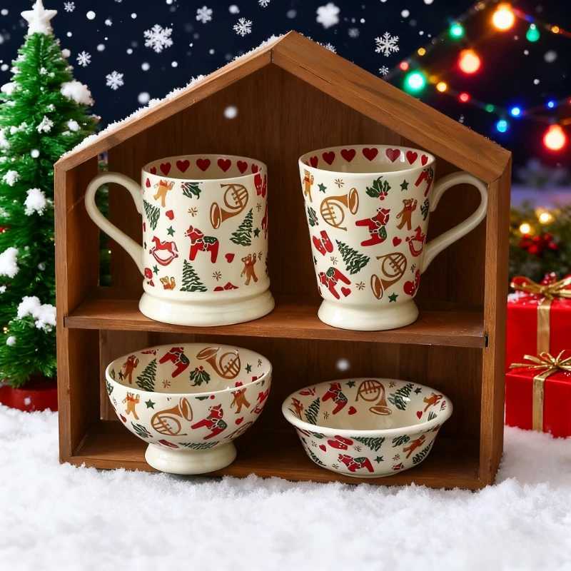 Christmas Ceramic Tableware Retro Bowls Plates Water Cup Breakfast Dessert Noodle Bowls Coffee Milk Cup Microwaveable Xmas Gift H251215