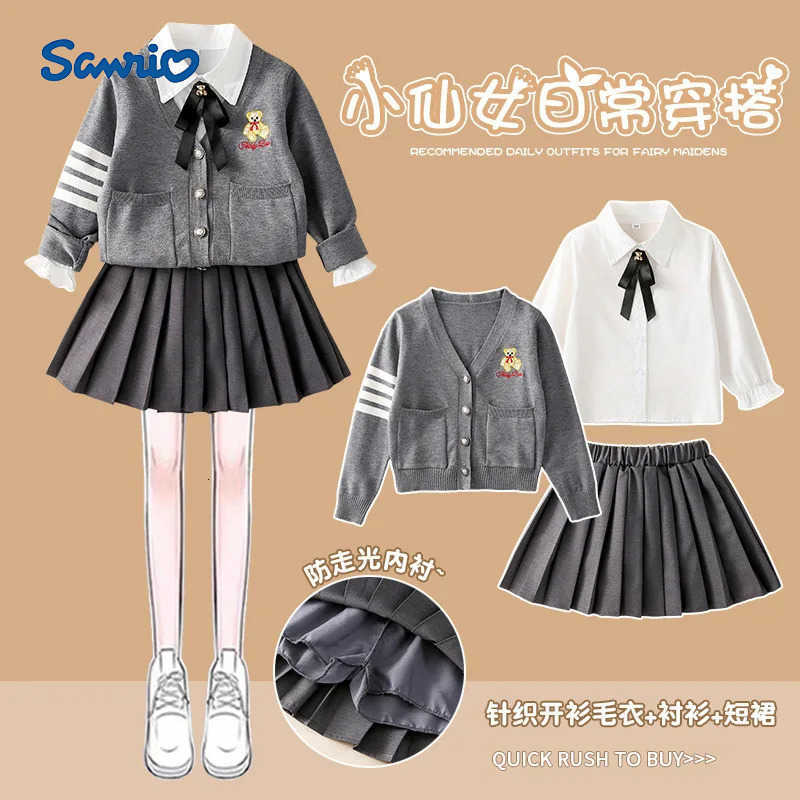 Sanrio 3Pcs Little Bear Children Jk Plaid Skirt Set Anime Y2K Cartoon Korean Cardigan Bow Tie Pleated Skirt Spring Autumn College Style H251216